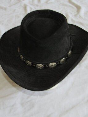 Hatquarters Henschel Black Suede Cowboy Hat L/XL Silver Concho Hatband Western